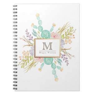 Caderno Espiral Inicial da aguarela do buquê do Succulent