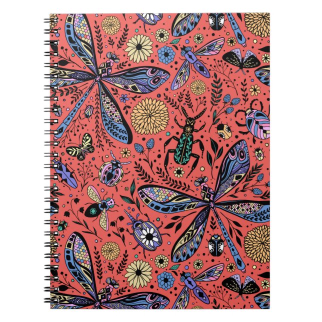 Caderno Espiral Insetos de porta em vermelho-coral (Frente)