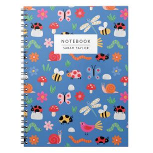Caderno Espiral Insetos Fofos & Padrão da Natureza em Azul