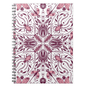 Caderno Espiral Insetos, magenta escuro e rosa sobre branco