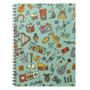 Caderno Espiral Instrumentos musicais, padrão de esboço vintage.