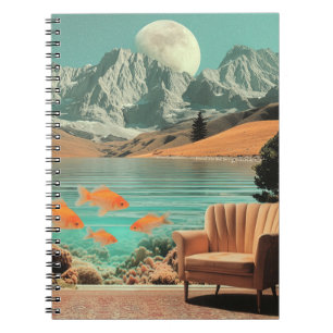 Caderno Espiral Interior Surrealista com Peixes e Paisagem ao Luar