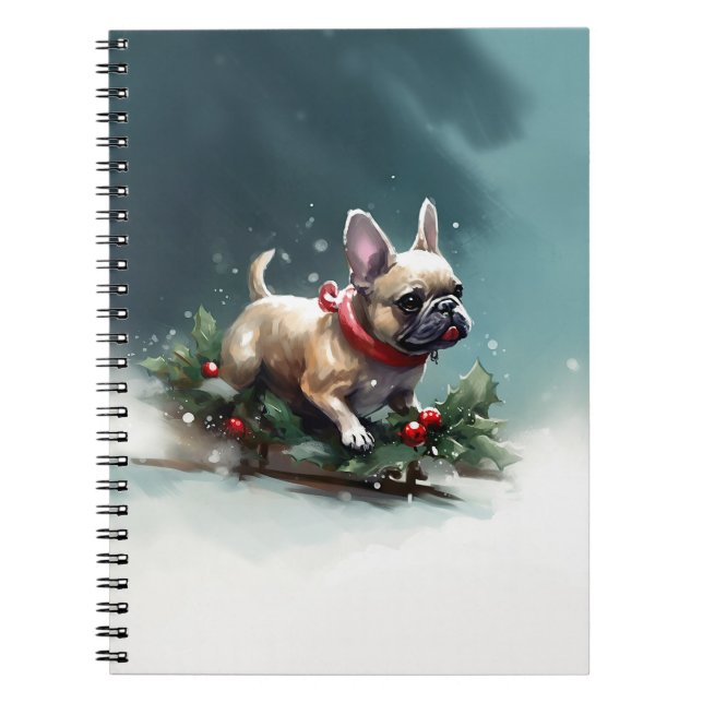 Caderno Espiral Inverno de Natal do Buldogue Francês (Frente)