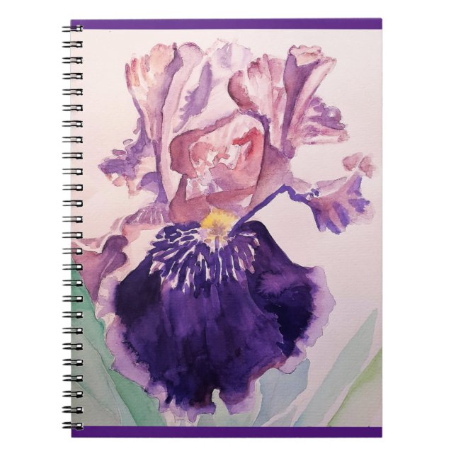 Caderno Espiral Iris irises Gloriosa Flor Roxo Aquarela Arte (Frente)