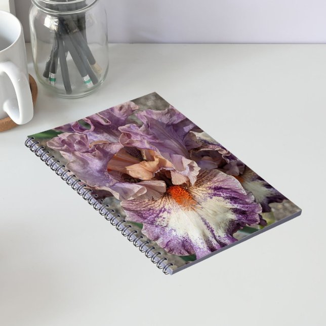 Caderno Espiral Íris Roxa e Branca com Floral de Barba Laranja (In Situ)