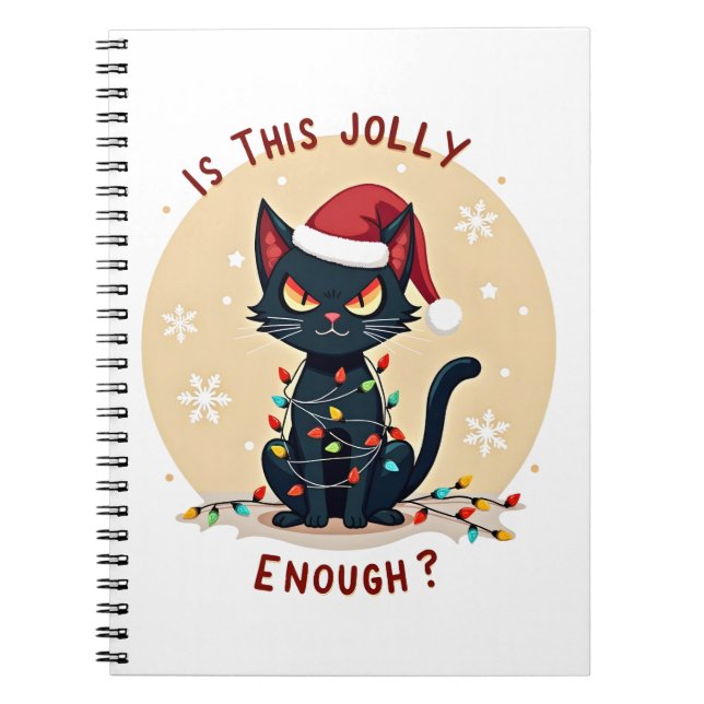 Caderno Espiral Is This Jolly Enough Funny Black Cat Christmas Tre (Frente)