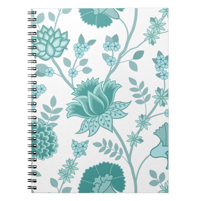 Caderno Espiral Jacobean Floral Lg Patterno Teals em Branco (Frente)