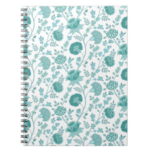 Caderno Espiral Jacobean Floral Pattern Teals on White