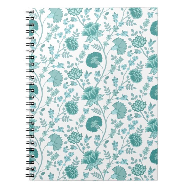 Caderno Espiral Jacobean Floral Pattern Teals on White (Frente)