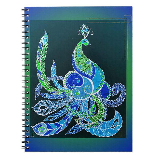 Caderno Espiral Jade Majestade Elegante Verde e pavão azul (Frente)