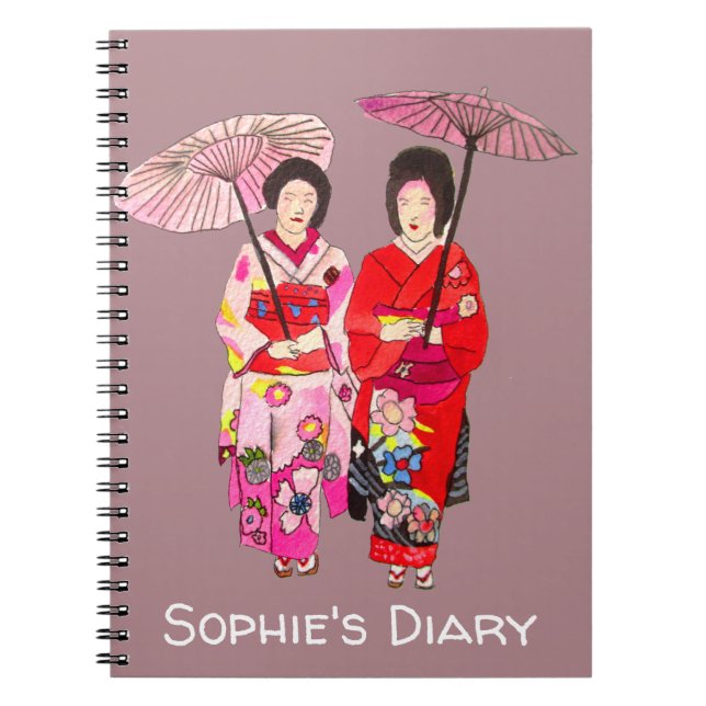 Caderno Espiral Japanese Geisha red kimono cute art diary (Frente)