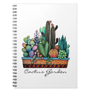Caderno Espiral Jardim bonito do cacto da aguarela no pote