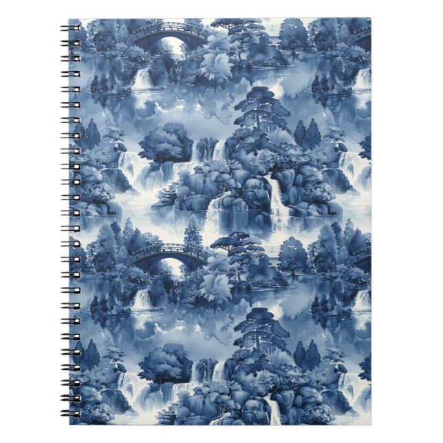 Caderno Espiral Jardim d'água japonês em porcelana branca azul (Frente)
