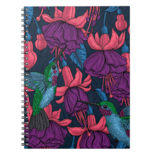 Caderno Espiral Jardim de beija-flores em roxo e azul