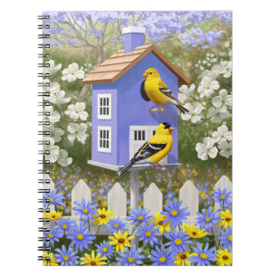 Caderno Espiral Jardim de Flor da Casa de Pássaros Americana Gold
