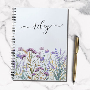 Caderno Espiral Jardim de flor selvagem roxo, com coloração aquosa