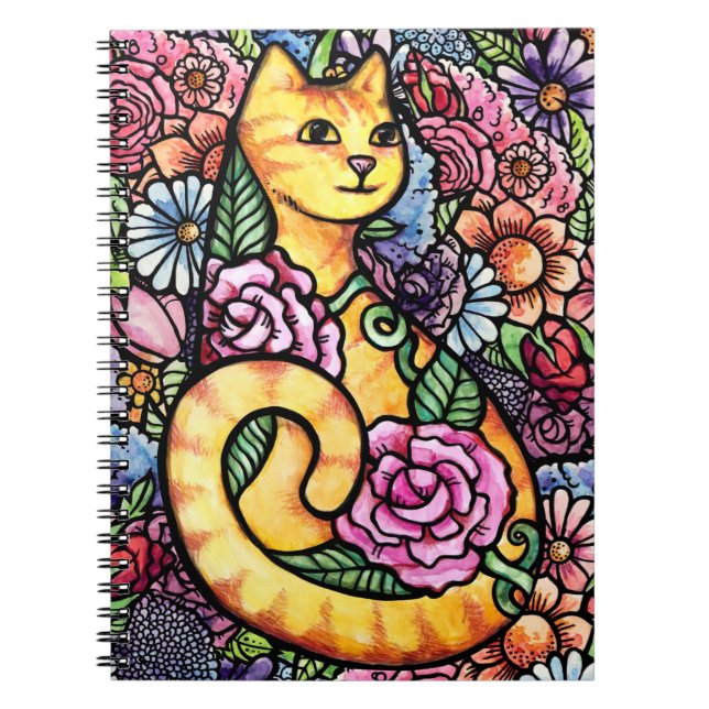 Caderno Espiral Jardim de Flores de Gato Laranja (Frente)