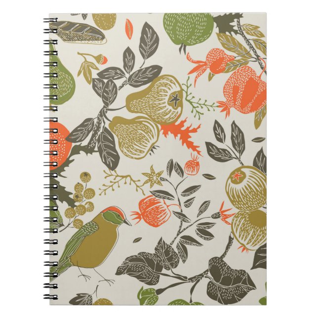 Caderno Espiral Jardim de fruta com pássaro. padrão sem falhas (Frente)
