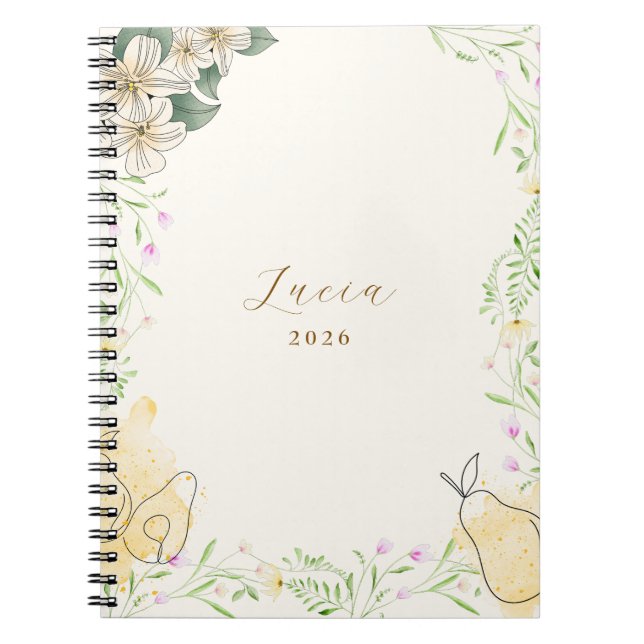 Caderno Espiral Jardim Floral de Pear de Aquarela (Frente)