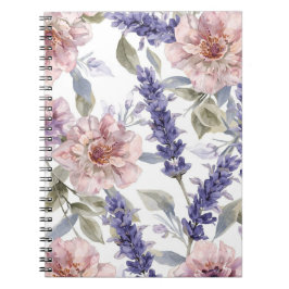 Caderno Espiral Jardim Floral de Peônia Lavanda em Aquarela