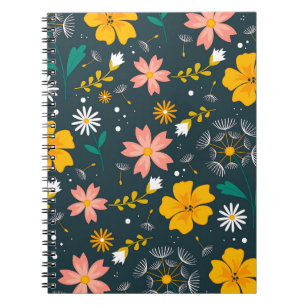 Caderno Espiral Jardim Floral Navy Padrão Caprichoso de Primavera