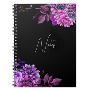 Caderno Espiral Jardim floral preto e roxo, cor d'água elegante