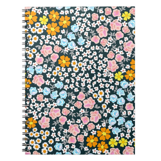 Caderno Espiral Jardim florescente com rosas e flores silvestres.  (Frente)