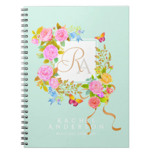 Caderno Espiral Jardim Florido Romântico Monograma Verde