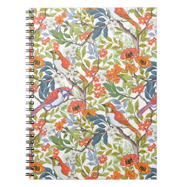 Caderno Espiral Jardins com Folhas e Aves de Flores (Frente)