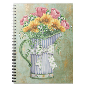 Caderno Espiral Jarro vintage azul e branco com listras e flores