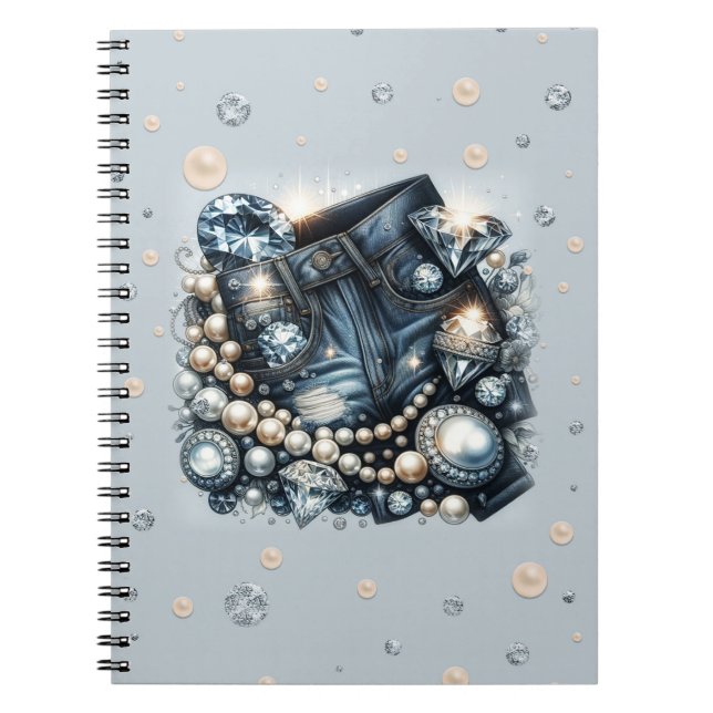 Caderno Espiral Jeans Denim Diamonds & Pearls Brilho (Frente)