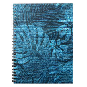 Caderno Espiral Jeans desbotados com padrão de folhas tropicais