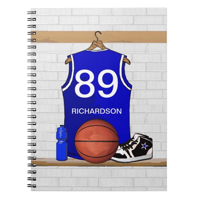 Caderno Espiral Jérsei azul e branco personalizado do basquetebol (Frente)