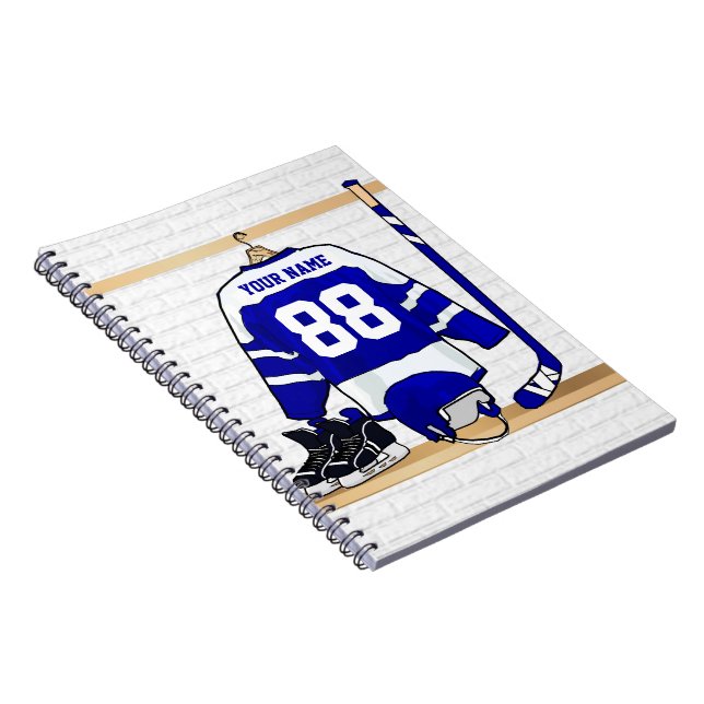 Caderno Espiral Jersey de Hóquei em Gelo Branco e Azul Personaliza (Lado Direito)
