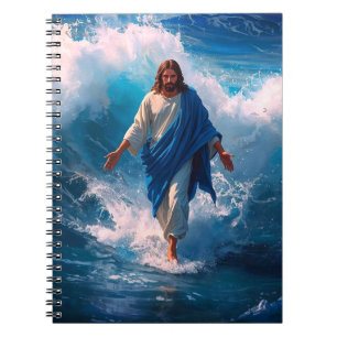 Caderno Espiral Jesus caminha sobre as páginas de anotações d'água