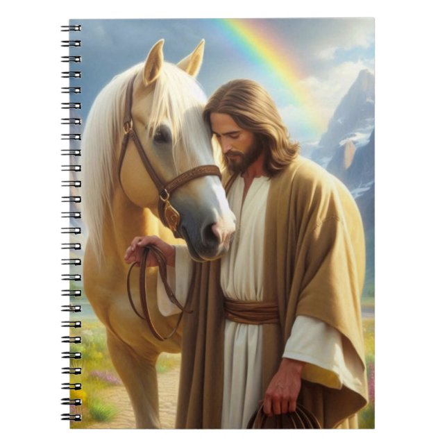 Caderno Espiral Jesus com Cavalo de Palomino na Paisagem Cênica (Frente)