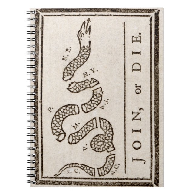 Caderno Espiral Join ou Die Rattlesnake: Cartoon Benjamin Franklin (Frente)