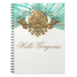Caderno Espiral Jornal Elegante Praia Glam Concha Dourado e Azul T