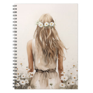 Caderno Espiral Jovem Mulher Aquarela Em Daisy Field