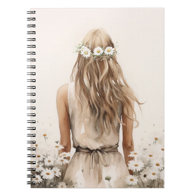 Caderno Espiral Jovem Mulher Aquarela Em Daisy Field (Frente)