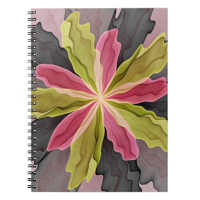 Caderno Espiral Joy, verde rosa, Antracite Fantasia Flor Fractal (Frente)