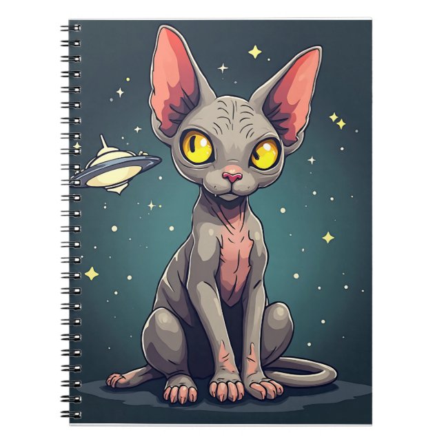 Caderno Espiral Judging Sphynx Cat UFO Space Cartoon Art (Frente)