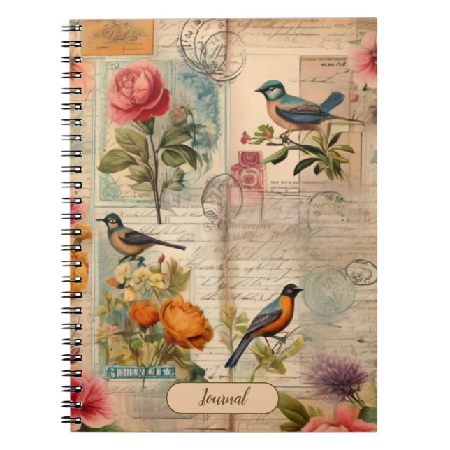 Caderno Espiral Junk Journal Seite mit Blumen + Vögel -  (Frente)