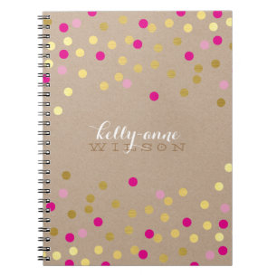 Caderno Espiral Kaft dourada, rosa, com mancha, GLAMOROSA CONFETTI