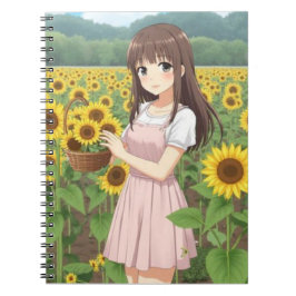 Caderno Espiral Kawaii Anime Girl in Sunflower Garden