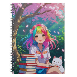 Caderno Espiral Kawaii Anime Girl with a Kitten
