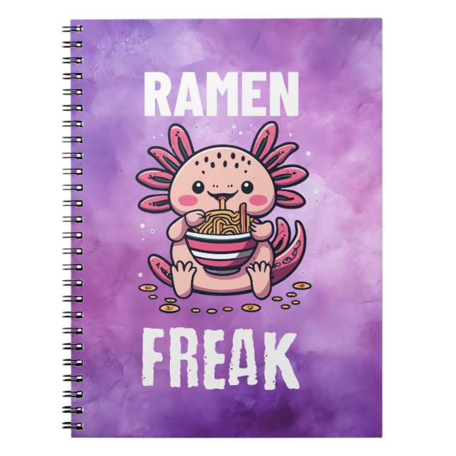 Caderno Espiral Kawaii Axalotl comendo Ramen (texto branco) (Frente)