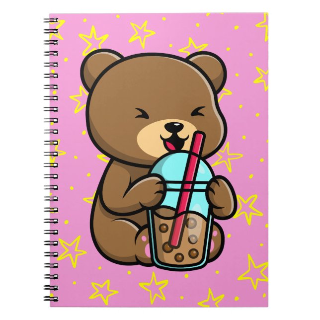 Caderno Espiral Kawaii Bear com notebook Boba Tea (Frente)
