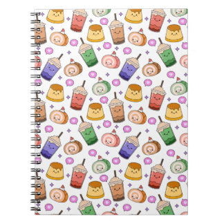 Caderno Espiral Kawaii Boba Tea Pattern