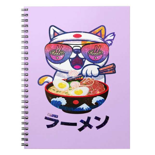Caderno Espiral Kawaii Cat Eating Ramen - Bonitos Noodles Japonese (Frente)